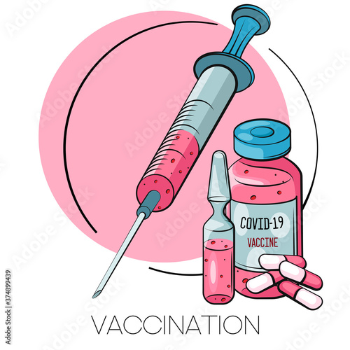 Coronavirus vaccination concept. Vaccine. Ampule, Syringe with vaccine. Vector illustration. Flat cartoon. Banner. 
