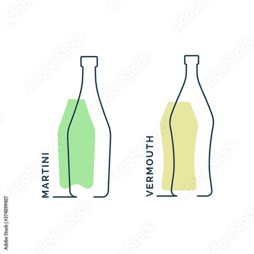Bottle martini and vermouth continuous line in linear style on white background. Black thin outline and red fill. Modern flat style graphic design. Logo element illustration. Contour drink symbol