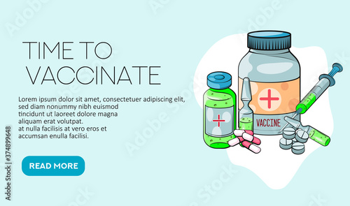 Time to vaccinate. Landing page template. Flat cartoon concept for web design. Vector illustration. Ampoule, Syringe with vaccine. 