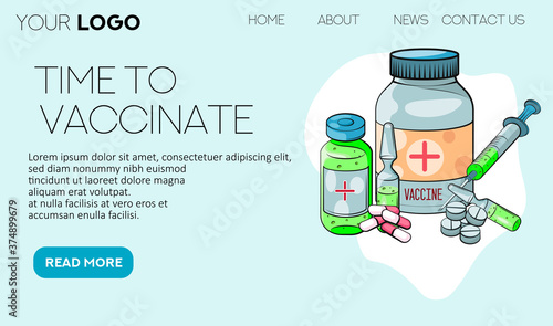 Time to vaccinate. Landing page template. Flat cartoon concept for web design. Vector illustration. Ampoule, Syringe with vaccine. 