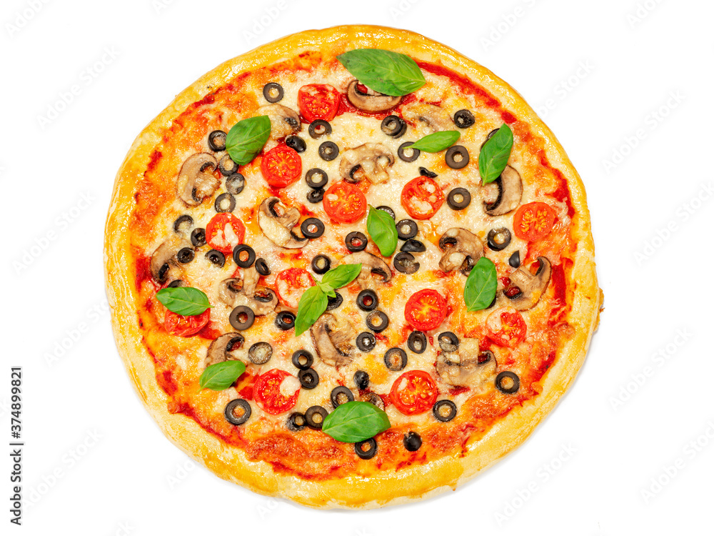Vegetarian pizza with mushrooms and tomato on white background. top view Vegetarian pizza with mushrooms and tomato on white background. top view