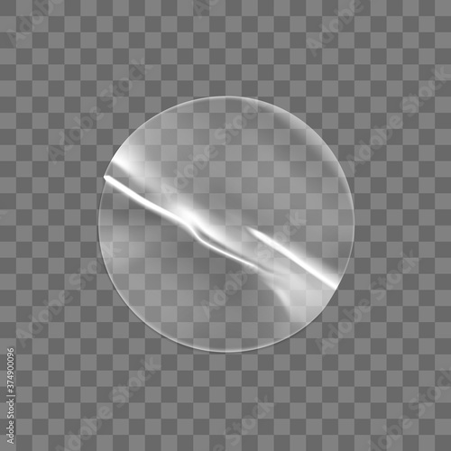 Transparent round adhesive stickers mock up isolated on transparent background. Plastic crumpled round sticky label with glued effect. Template of a label or price tags. 3d realistic vector mockup