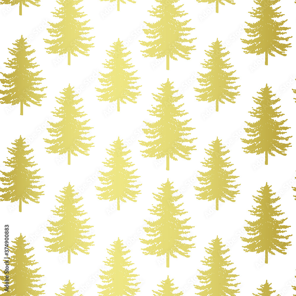 Christmas tree seamless pattern. Noel gold print, New year winter holiday decoration, golden christmas background with firs and snow on white, wrapping paper design