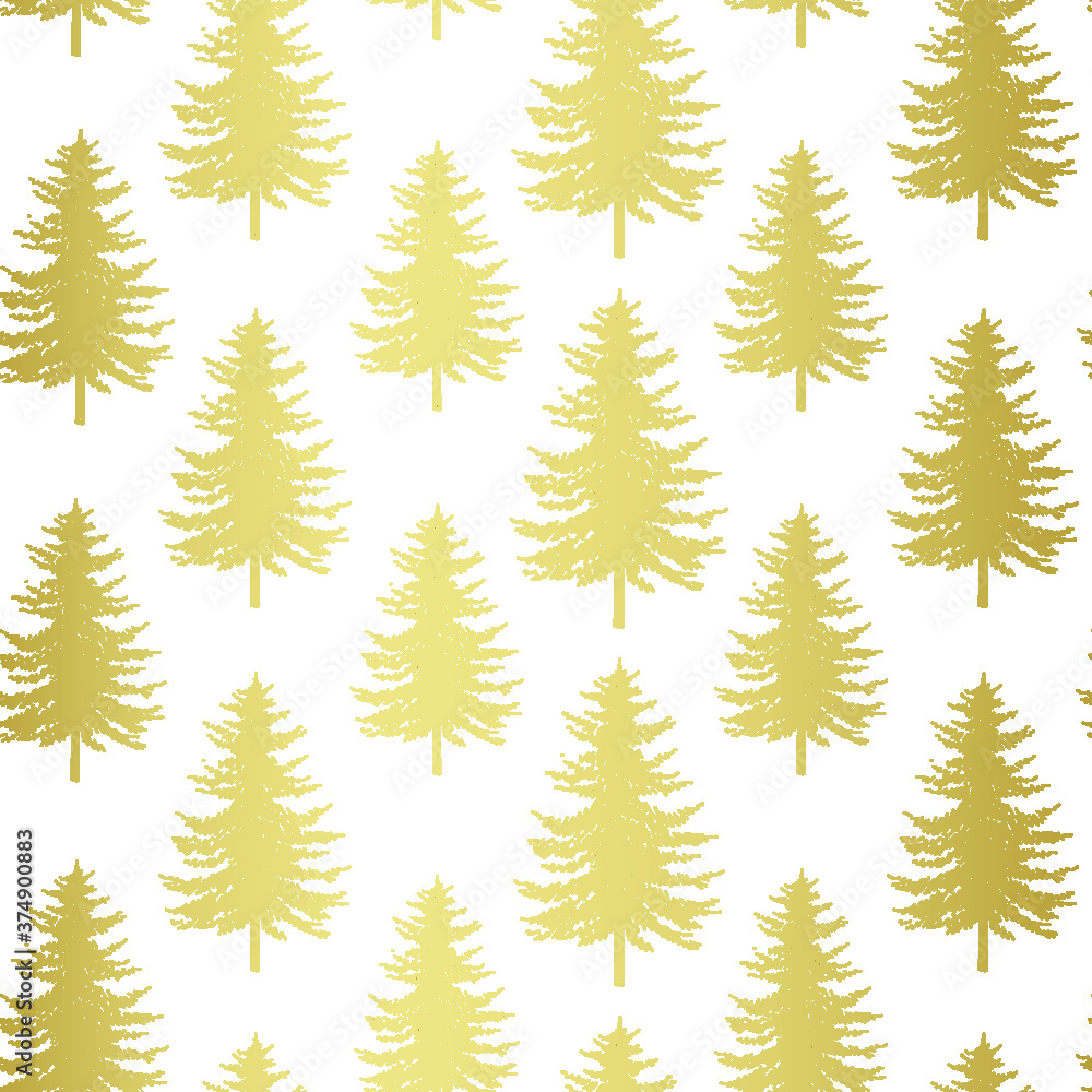 Obraz premium Christmas tree seamless pattern. Noel gold print, New year winter holiday decoration, golden christmas background with firs and snow on white, wrapping paper design