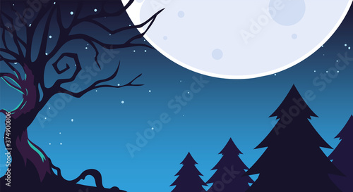 halloween dark night background with scary forest