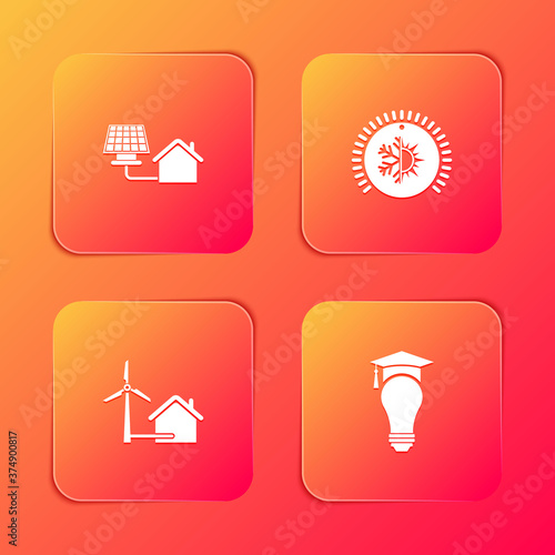 Set House with solar panel, Thermostat, wind turbine and Light bulb and graduation cap icon. Vector.