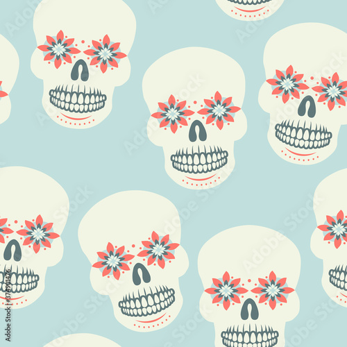 Sugar skulls, day of the dead seamless pattern. Repetitive vector illustration. 