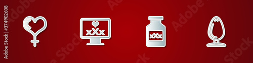 Set Female gender and heart, Monitor with 18 plus content, Bottle pills for potency and Anal plug icon. Vector.