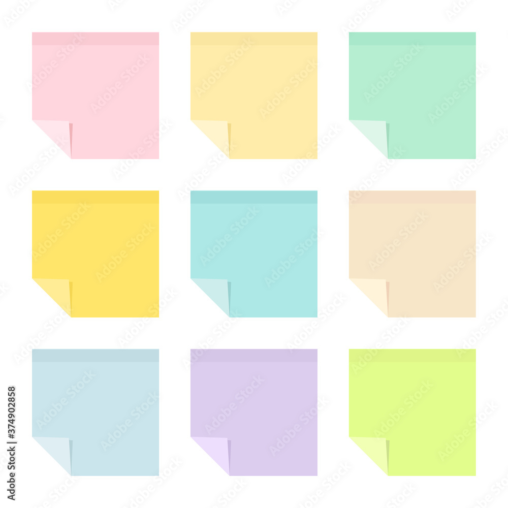 Set of colored sticky paper notes with curled corners. Flat vector illustration isolated on white background Set of colored sticky paper notes with curled corners. Flat vector illustration isolated on white background