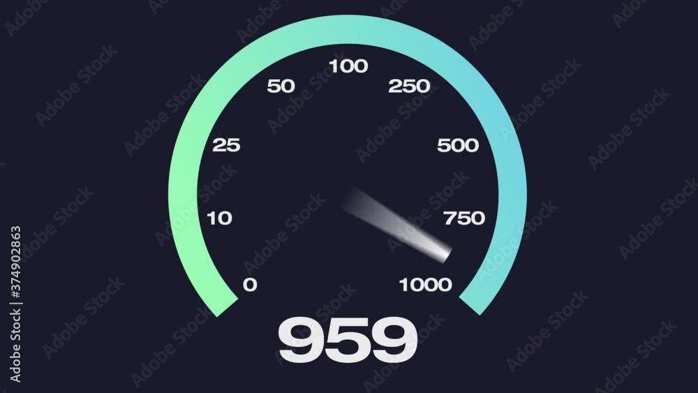 An animated simulated Internet bandwidth speed test gauge with speeds approaching 1 gigabit.  
