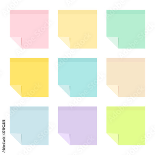 Set of colored sticky paper notes with curled corners. Flat vector illustration isolated on white background