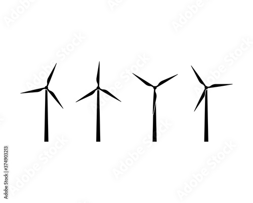 Silhouettes of wind turbines icon set. Wind farm energy sign. Green electricity. Offshore. Vector on isolated white background. EPS 10