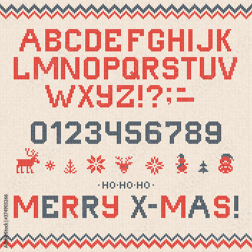 Folk Christmas Font Scandinavian style knitted letters alphabet seamless pattern