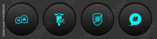 Set Question and Answer, Scooter service, Stop virus, bacteria and Hashtag speech bubble icon. Vector.