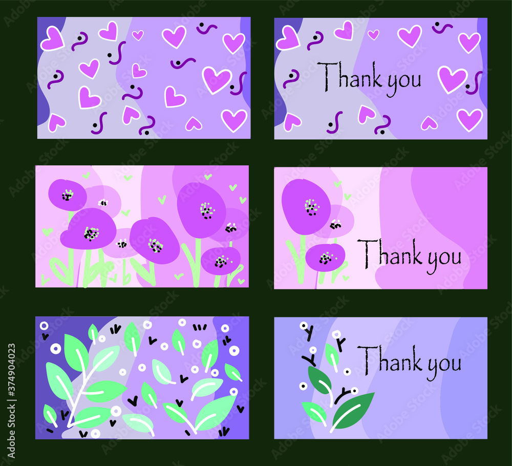 Thank you card set in pastel colours with hearts and leaves pattern abstract illustration