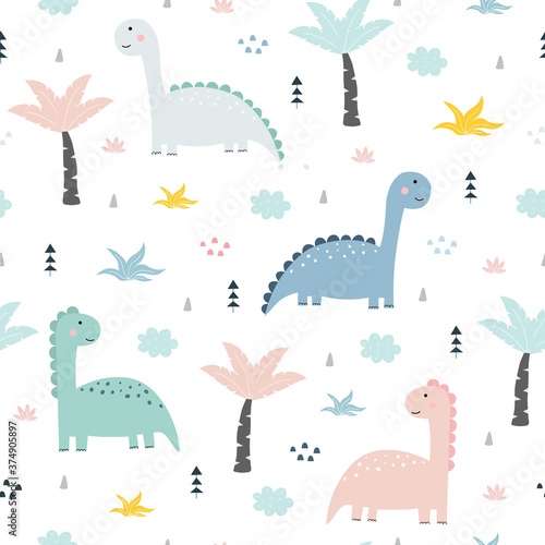 Seamless vector pattern cartoon background with dinosaurs and palm trees Hand drawn design in childrens style used for printing  textiles Children s clothing