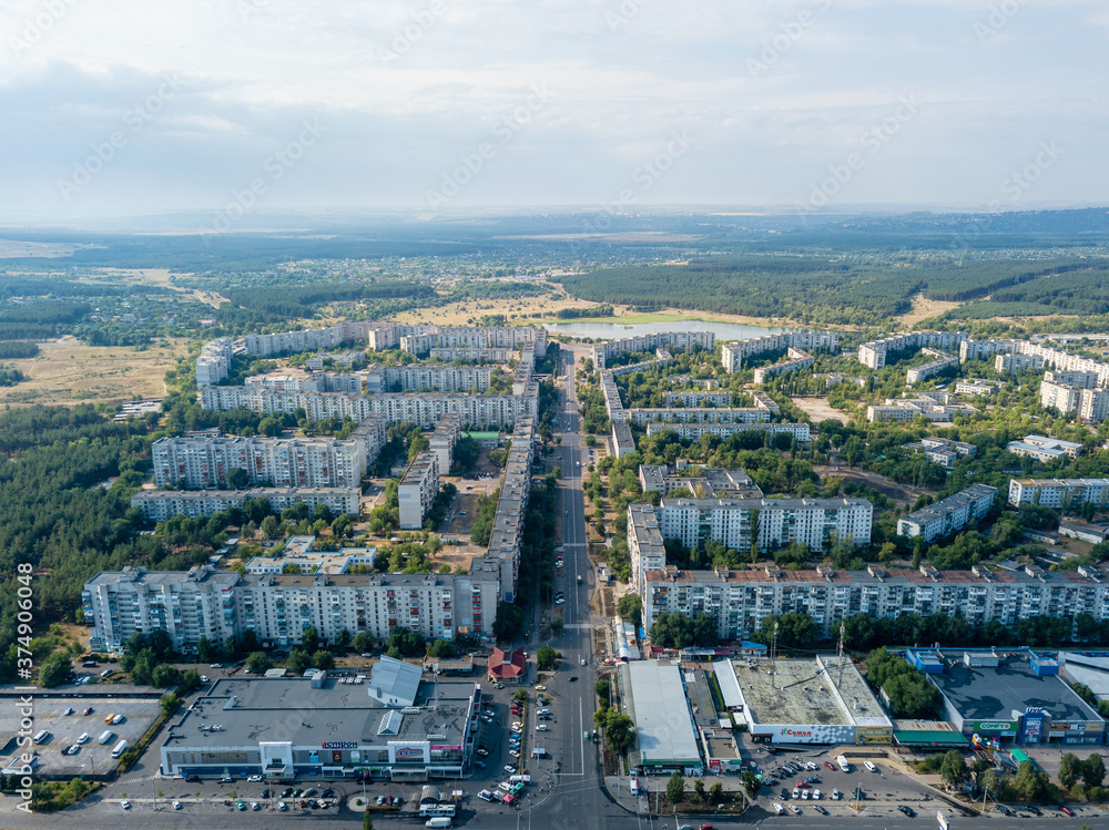 View on the small city in Ukraine from a height