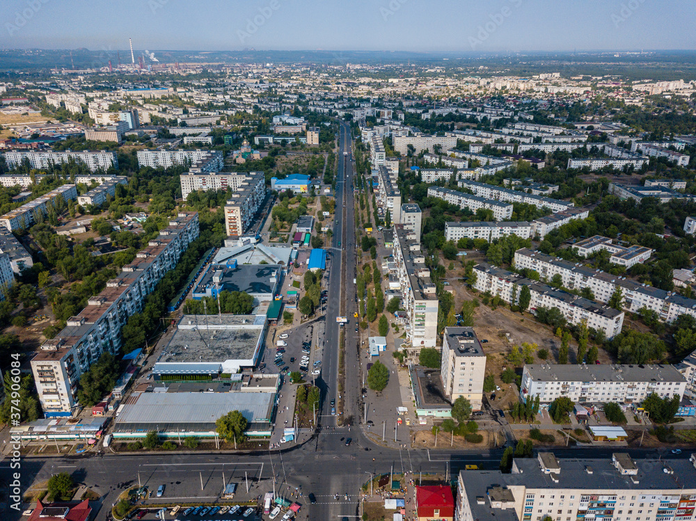 View from drone of streets of ukrainian small city