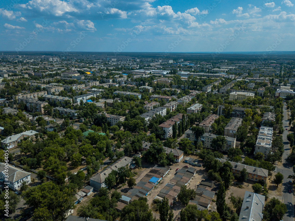 Aerial drone view of small winding streets and roads in Ukraine