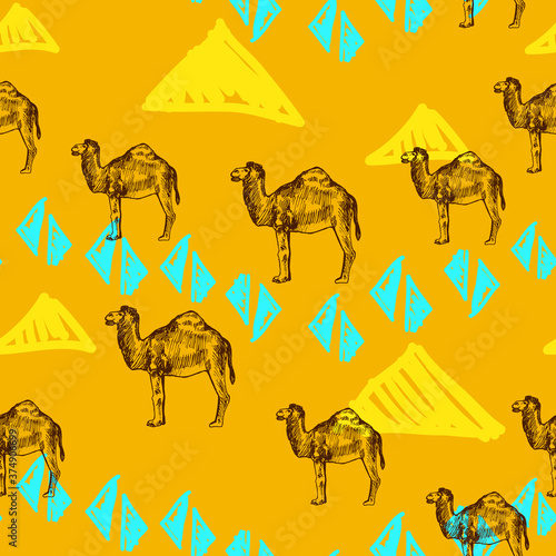 Seamless pattern with hand drawn camels and yellow pyramids, vector illustration
