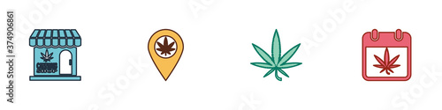 Set Marijuana and cannabis store, Location marijuana, leaf and Calendar icon. Vector.