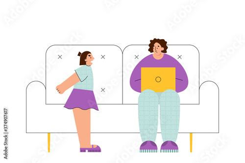 Frustrated parent trying to work with active child. Mother and son flat style vector illustration 