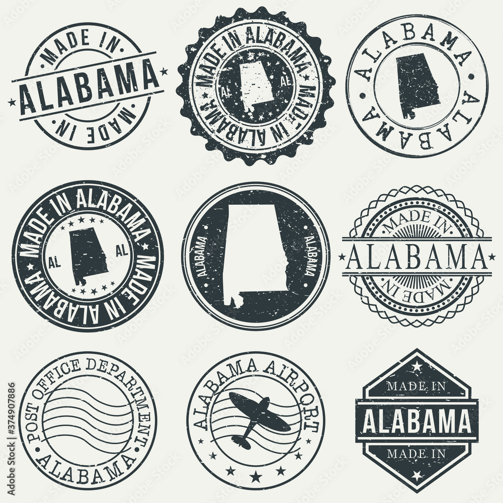 Alabama Set of Stamps. Travel Stamp. Made In Product. Design Seals Old Style Insignia.