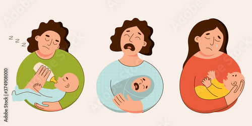 Frustrated mother with crying baby vector set. Depressed tired mother holding her little child. Artificial feeding illustration.