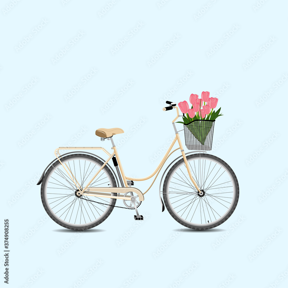 Classic city bicycle, ecological sport transport. Beige women bicycle with metal basket and pink tulips.