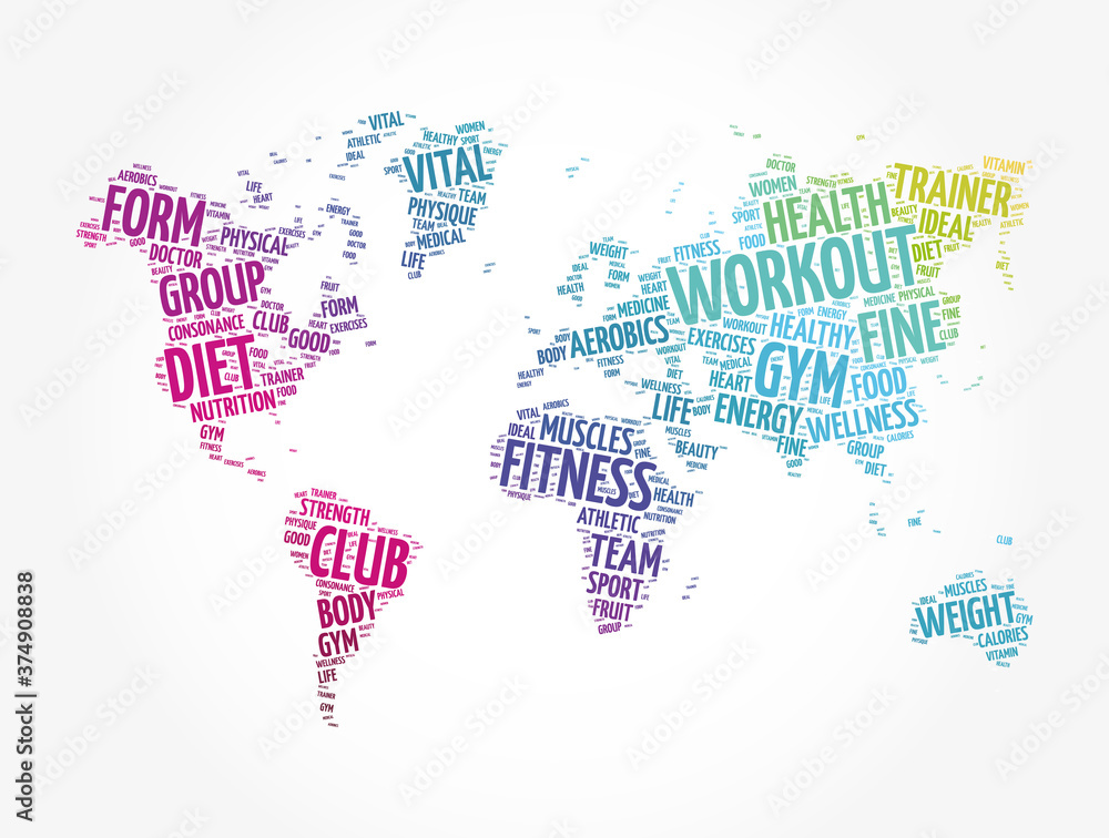 Naklejka premium WORKOUT word cloud in shape of world map, fitness, health concept background