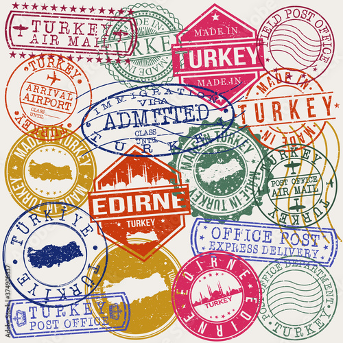 Edirne Turkey Set of Stamps. Travel Stamp. Made In Product. Design Seals Old Style Insignia.