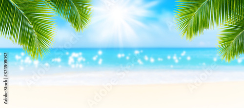 Summer Vacation and Holiday Trip Concept : Green leaves of coconut with blurry image seascape view and blue sky in background.