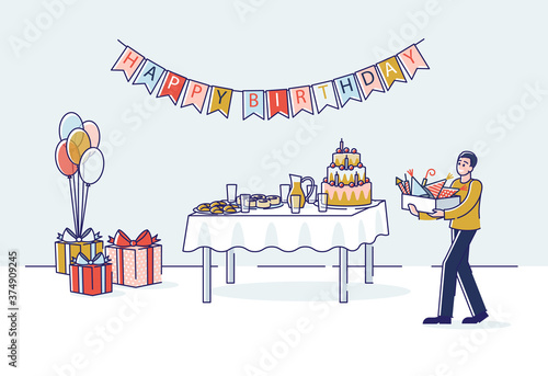 Birthday party preparation with cartoon man carrying box of decorations to holiday table