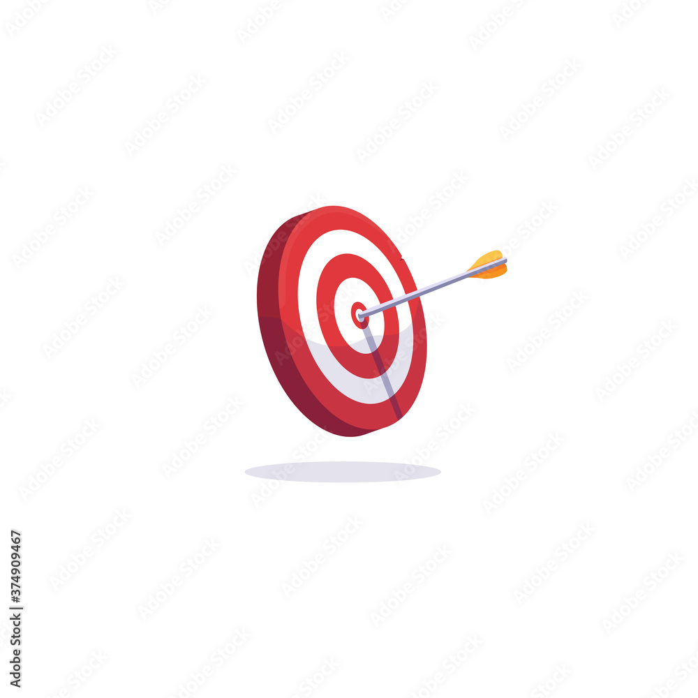 Archery target and arrows. Goal achievement and accuracy concept. Arrow target illustration. White background with shadow. Red and white target with shadow and arrow.