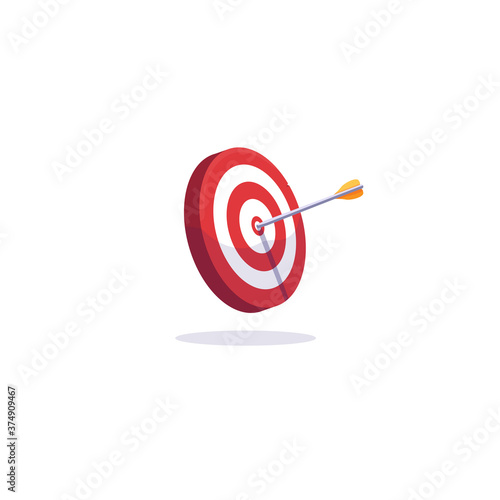 Archery target and arrows. Goal achievement and accuracy concept. Arrow target illustration. White background with shadow. Red and white target with shadow and arrow.