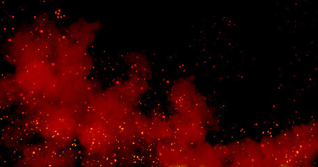 Abstract image of Fire sparkles or particles with red smoke in black background.