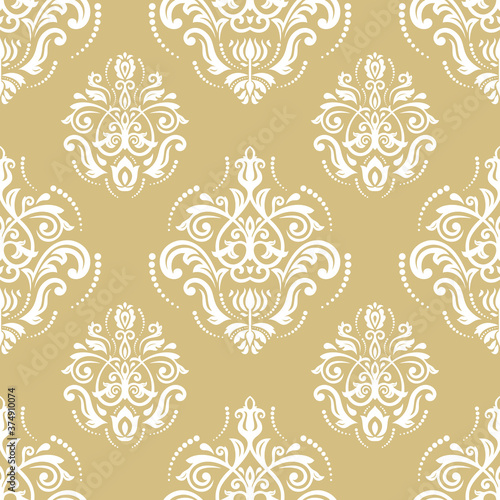Classic seamless vector pattern. Damask orient ornament. Classic vintage golden and white background. Orient ornament for fabric, wallpaper and packaging