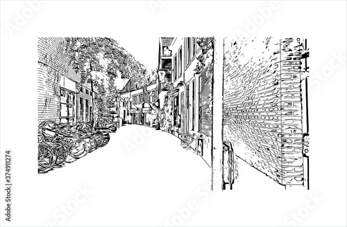 Building view with landmark of Arnhem is a city and municipality situated in the eastern part of the Netherlands. Hand drawn sketch illustration in vector.