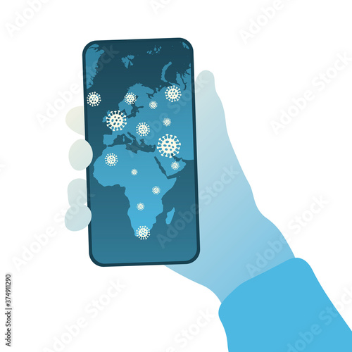 Covid-19, Coronavirus mobile map tracker app. Hand holding smartphone map application tracking corona virus pinpoint on screen. Vector illustration. 