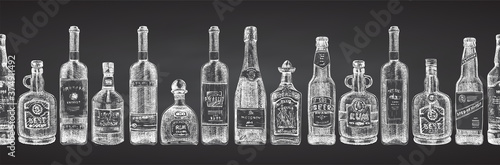 Seamless pattern with hand drawn sketch glasses bottle on chalckboard background Alcoholic drinks Wine, champagne, beer, rum, vodka, tequila Vintage design for bar, restaurant, cafe menu Vector art
