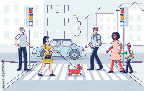 Road crosswalk with group of people hurrying up. Cartoon pedestrians crossing street