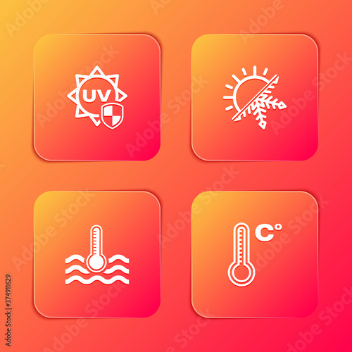 Set UV protection, Sun and snowflake, Water thermometer and Meteorology icon. Vector.