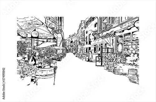Building view with landmark of Arnhem is a city and municipality situated in the eastern part of the Netherlands. Hand drawn sketch illustration in vector.