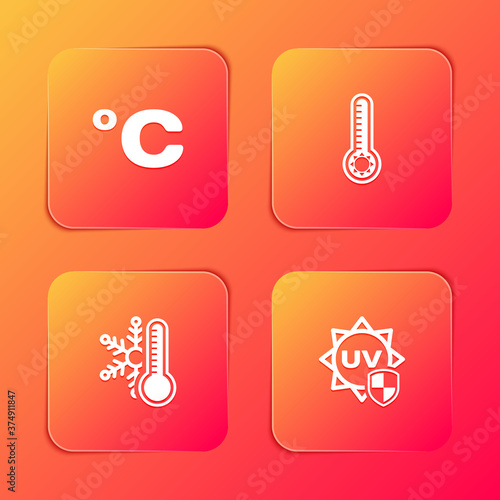Set Celsius, Meteorology thermometer, Thermometer with snowflake and UV protection icon. Vector.