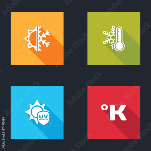 Set Sun and snowflake, Thermometer with, UV protection and Kelvin icon. Vector.