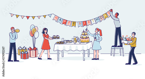 Birthday party preparation with people decorating room and holiday table with cake