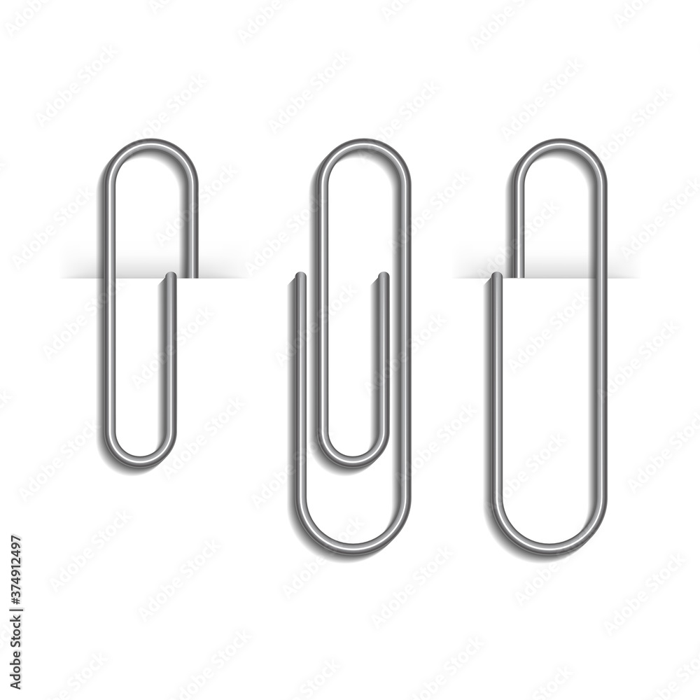 Metal paper clips isolated on white background. Metal paper clips attached to paper. Vector illustration Metal paper clips isolated on white background. Metal paper clips attached to paper. Vector illustration