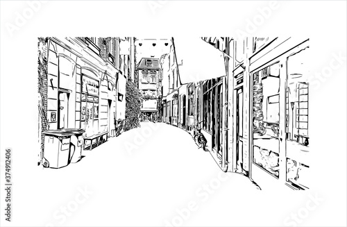 Building view with landmark of Arnhem is a city and municipality situated in the eastern part of the Netherlands. Hand drawn sketch illustration in vector.
