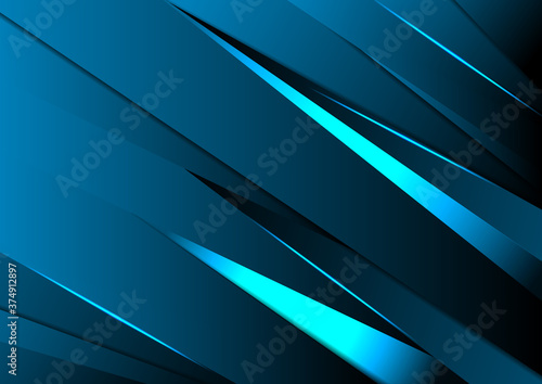 Abstract blue metallic triangle layer overlap with blue light modern technology style background.