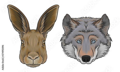 Hare and Wolf Muzzle with Fur Vector Set